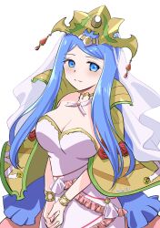 1girl blue_eyes blue_hair breasts capelet cleavage dress fire_emblem fire_emblem_engage highres interlocked_fingers kogeko0517 large_breasts long_hair looking_at_viewer lumera_(fire_emblem) nintendo own_hands_together smile solo twitter_username veil white_background white_dress