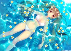 Rule 34 | 1girl, bad id, bad pixiv id, bikini, blush, breasts, brown hair, carnelian, cleavage, flower, from above, front-tie bikini top, front-tie top, gluteal fold, hair flower, hair ornament, kantai collection, long hair, looking at viewer, lying, medium breasts, murasame (kancolle), navel, on back, outdoors, outstretched arms, parted lips, partially submerged, plumeria, red eyes, side-tie bikini bottom, solo, swimsuit, twintails, very long hair, water, wet