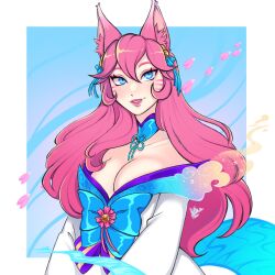 Rule 34 | 1girl, ahri (league of legends), animal ears, artist name, bell, bow, breasts, cleavage, collarbone, facial mark, female focus, fox ears, fox tail, green background, green bow, green ribbon, hair bell, hair ornament, hair ribbon, highres, ibkio chan, japanese clothes, kimono, large breasts, league of legends, long hair, petals, pink hair, pink lips, purple bow, ribbon, smile, solo, spirit blossom (league of legends), spirit blossom ahri, striped, striped bow, tail, teeth, white background