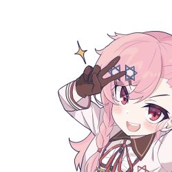 Rule 34 | 1girl, blush, braid, commentary request, from above, girls&#039; frontline, gloves, hexagram, jingo, korean commentary, long hair, long sleeves, looking at viewer, negev (girls&#039; frontline), official alternate costume, open mouth, pink hair, red eyes, selfie, smile, solo, sparkle, star of david, v, white background, aged down