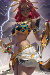 Rule 34 | 1girl, arabian clothes, armlet, banned artist, bare shoulders, belt, circlet, closed mouth, dark-skinned female, dark skin, dual wielding, electricity, eyeshadow, green eyes, green lips, holding, holding sword, holding weapon, looking at viewer, makeup, navel, nintendo, pointy ears, red hair, riju, skirt, smile, solo, stomach, sword, the legend of zelda, the legend of zelda: breath of the wild, thick eyebrows, weapon, white skirt, zumi (zumidraws)