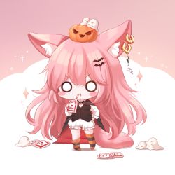 Rule 34 | 1girl, :t, animal ear fluff, animal ears, black cape, black vest, blood, blood bag, bloomers, blush stickers, cape, chibi, closed mouth, collared shirt, copyright request, creature, drinking, ear piercing, fang, fang out, full body, hand on own hip, hand up, highres, honyang, jack-o&#039;-lantern, juice, long hair, long sleeves, looking at viewer, no shoes, o o, piercing, pink background, pink hair, red cape, shirt, solo, sparkle, standing, striped clothes, striped thighhighs, tail, thighhighs, thighhighs pull, tomato juice, two-tone background, underwear, v-shaped eyebrows, very long hair, vest, white background, white bloomers, white shirt
