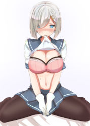 Rule 34 | 10s, 1girl, blue eyes, bra, breasts, cleavage, clothes lift, hair ornament, hair over one eye, hairclip, hamakaze (kancolle), kantai collection, large breasts, midriff, mouth hold, navel, pantyhose, pink bra, ryuu., school uniform, serafuku, shirt lift, short hair, silver hair, solo, underwear