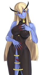 Rule 34 | 1girl, black dress, blonde hair, blue skin, breasts, colored skin, commentary request, demon girl, dress, covered erect nipples, fingernails, front slit, genderswap, genderswap (mtf), head tilt, highres, impossible clothes, impossible dress, jedah dohma, large breasts, lipstick, long eyebrows, long fingernails, long hair, lowleg, lowleg panties, makeup, midnight bliss, nail polish, panties, pointy ears, red eyes, red nails, red panties, sharp fingernails, sidelocks, sleeveless, sleeveless dress, slit pupils, solo, tetsu (kimuchi), thick eyebrows, underwear, vampire (game), very long hair