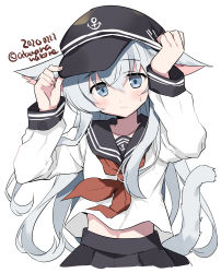 Rule 34 | 1girl, anchor symbol, animal ears, black hat, black sailor collar, black skirt, blue eyes, blush, cat ears, cat tail, closed mouth, dated, flat cap, hair between eyes, hat, hibiki (kancolle), kantai collection, long hair, long sleeves, neckerchief, odawara hakone, one-hour drawing challenge, pleated skirt, red neckerchief, sailor collar, school uniform, serafuku, silver hair, simple background, skirt, solo, tail, twitter username, white background