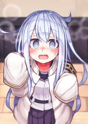 Rule 34 | 1girl, @ @, blue hair, blurry, blurry background, blush, embarrassed, hair between eyes, hibiki (kancolle), highres, jacket, kantai collection, long hair, long sleeves, nose blush, open mouth, pleated skirt, reitou mikan, silver hair, skirt, sleeves past fingers, sleeves past wrists, solo, steam, sweat, tears, verniy (kancolle), white jacket