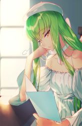 Rule 34 | 1girl, puff of air, bare shoulders, beret, c.c., choker, code geass, collarbone, commentary request, creayus, day, detached sleeves, dress, from side, green hair, hat, head rest, long hair, looking at viewer, looking to the side, off-shoulder dress, off shoulder, paper, puffy sleeves, solo, sunlight, upper body, white choker, white dress, window, yellow eyes