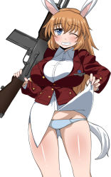 Rule 34 | 1girl, animal ears, blue eyes, blue panties, breasts, brown hair, browning automatic rifle, charlotte e. yeager, clothes lift, grin, gun, highres, huge breasts, komusou (jinrikisha), long hair, looking at viewer, one eye closed, panties, rabbit ears, rabbit girl, shirt, shirt lift, simple background, skirt, skirt lift, smile, solo, strike witches, thighs, underwear, weapon, white background, world witches series