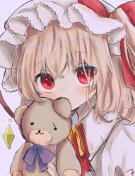 Rule 34 | 1girl, blonde hair, blouse, blush, bow, crystal, dorowa (drawerslove), flandre scarlet, hair between eyes, hat, highres, holding, holding stuffed toy, looking at viewer, mob cap, puffy sleeves, red eyes, red ribbon, red vest, ribbon, shirt, solo, stuffed animal, stuffed toy, teddy bear, touhou, upper body, vest, white hat, white shirt, wings