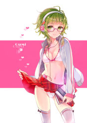 Rule 34 | 1girl, antenna hair, bad id, bad pixiv id, blush, book, bra, breasts, character name, cleavage, clothes lift, digital media player, glasses, green hair, gumi, headphones, heart, jacket, lingerie, midriff, navel, open clothes, open jacket, panties, pantyshot, plaid, plaid skirt, short hair, skirt, skirt lift, small breasts, smile, solo, thighhighs, tukino (panna), underwear, upskirt, vocaloid
