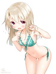 Rule 34 | 1girl, anzu ame, bare shoulders, bikini, blonde hair, blush, breasts, collarbone, fate/kaleid liner prisma illya, fate (series), green bikini, hair between eyes, illyasviel von einzbern, long hair, looking at viewer, navel, open mouth, red eyes, sidelocks, small breasts, smile, solo, swimsuit, thighs, white background