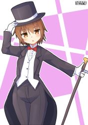Rule 34 | 1girl, arm up, black coat, black hat, black pants, blush, bow, bowtie, brown eyes, brown hair, buttons, cane, center frills, chestnut mouth, coat, collared shirt, cowboy shot, dress shirt, formal, frills, gloves, hair between eyes, hand on headwear, hat, hat ribbon, highres, holding, holding cane, kantai collection, long sleeves, looking at viewer, magician, outline, outstretched arm, pants, pepatiku, red bow, red bowtie, ribbon, shirt, signature, solo, standing, top hat, waistcoat, wakaba (kancolle), white gloves, white outline, white ribbon