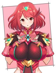 Rule 34 | 1girl, black gloves, breasts, chest jewel, earrings, fingerless gloves, gem, gloves, headpiece, highres, jewelry, large breasts, pyra (xenoblade), red eyes, red hair, short hair, solo, swept bangs, tiara, xenoblade chronicles (series), xenoblade chronicles 2, yashiro misone (artist)