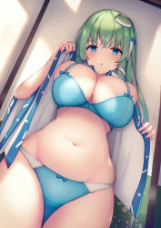Rule 34 | 1girl, absurdres, blue bow, blue bra, blue eyes, blue panties, bow, bow bra, bow panties, bra, breasts, commentary, cowboy shot, crossed bangs, frog hair ornament, green hair, hair ornament, hair tubes, highres, kochiya sanae, large breasts, liya, long hair, looking down, navel, no pants, open clothes, panties, parted lips, skindentation, thick thighs, thighs, touhou, underwear, wide sleeves