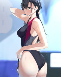 Rule 34 | 1girl, ass, back, back cutout, black hair, black one-piece swimsuit, blurry, breasts, clothing cutout, competition swimsuit, cowboy shot, depth of field, dripping, fed (giba), from behind, goggles, unworn goggles, hair between eyes, hand in own hair, hand up, highleg, highleg swimsuit, holding, holding goggles, long hair, medium breasts, one-piece swimsuit, original, poolside, solo, standing, swimsuit, twisted torso, water drop, wedgie, wet, wet clothes, wet hair, wet swimsuit