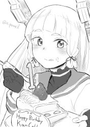 Rule 34 | 10s, 1girl, birthday cake, blunt bangs, blush, cake, english text, fingerless gloves, food, fork, fruit, gloves, greyscale, kantai collection, licking lips, long hair, looking at viewer, monochrome, murakumo (kancolle), nathaniel pennel, pantyhose, personification, school uniform, solo, strawberry, tongue, tongue out, twitter username