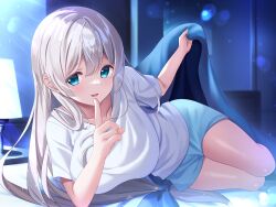 Rule 34 | 1girl, absurdres, bed, bed sheet, bedroom, blanket, blue eyes, blue shorts, collarbone, finger to mouth, grey hair, hair between eyes, hair ribbon, highres, index finger raised, indoors, lens flare, long hair, looking at viewer, lying, night, non-web source, on bed, on side, open mouth, original, ribbon, shimofuri takenoko, shirt, short shorts, shorts, sidelocks, smile, solo, t-shirt, thighs, very long hair, white shirt