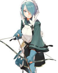 Rule 34 | 1girl, arrow (projectile), blue eyes, blue hair, bow (weapon), commission, conto, fire emblem, fire emblem fates, fur trim, gloves, hair ornament, hair over one eye, headdress, highres, holding, holding bow (weapon), holding weapon, long bangs, long sleeves, looking at viewer, nintendo, parted lips, pixiv commission, setsuna (fire emblem), short hair, solo, weapon, white background, wide sleeves