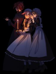 Rule 34 | 3girls, apron, bespectacled, blonde hair, blue eyes, braid, candle, commentary request, diavolo, dress, frilled apron, frills, genderswap, genderswap (mtf), giorno giovanna, glasses, hat, highres, holding, holding candle, jojo no kimyou na bouken, juliet sleeves, long dress, long sleeves, low twin braids, maid apron, mob cap, multiple girls, orange hair, pink hair, puffy sleeves, red dress, round eyewear, sempon (doppio note), spotted hair, twin braids, vento aureo, vinegar doppio, whispering, white apron