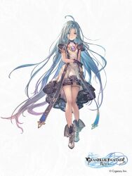 Rule 34 | 1girl, ahoge, anklet, black gloves, blue choker, blue eyes, blue hair, chest jewel, choker, copyright name, dress, empty eyes, expressionless, full body, gloves, granblue fantasy, granblue fantasy: relink, highres, jewelry, logo, long hair, lyria (granblue fantasy), minaba hideo, mind control, multicolored hair, solo, solo focus, spread legs, two-tone hair, very long hair, white background, white dress, white footwear