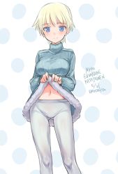 Rule 34 | 1girl, aohashi ame, blonde hair, blue dress, blue eyes, blue pantyhose, brave witches, character name, closed mouth, clothes lift, commentary request, dated, dress, dress lift, fur-trimmed dress, fur trim, groin, happy birthday, highres, long sleeves, navel, nikka edvardine katajainen, pantyhose, polka dot, polka dot background, ribbed dress, short hair, smile, solo, world witches series