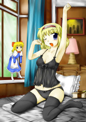 Rule 34 | 1girl, alice margatroid, bad anatomy, bad id, bad pixiv id, bed, black panties, black thighhighs, blonde hair, blue eyes, blush, bow, bow panties, bowtie, camisole, female focus, frills, highres, inuinui, lace, lace-trimmed legwear, lace trim, moguran, one eye closed, panties, pillow, poorly drawn, shanghai doll, short hair, sitting, solo, stretching, tears, thighhighs, touhou, underwear, underwear only, waking up, wink