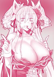 Rule 34 | 1girl, areola slip, artist request, breasts, chain, cleavage, cross, flower, food, hair ornament, large breasts, long hair, monochrome, nipple slip, nipples, open mouth, original, pocky, sleeveless, solo, takatsuki arunashi