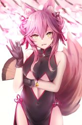 Rule 34 | 1girl, animal ears, arm under breasts, bad id, bad pixiv id, bell, black dress, black gloves, blush, breasts, cherry blossoms, china dress, chinese clothes, clothing cutout, covered navel, cowboy shot, double bun, dress, fate/grand order, fate (series), folding fan, fox ears, fox tail, gloves, hair between eyes, hair bun, hair ribbon, hand fan, heart, heart-shaped pupils, highres, jingle bell, koyanskaya (chinese lostbelt outfit) (fate), koyanskaya (fate), large breasts, long hair, looking at viewer, ok sign, open mouth, pelvic curtain, pink hair, pink ribbon, ribbon, side slit, smile, solo, symbol-shaped pupils, tail, underboob, underboob cutout, yamiiv, yellow eyes