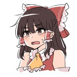 Rule 34 | 1girl, ascot, bare shoulders, blush, bow, brown eyes, brown hair, commentary request, detached sleeves, dress, eyes visible through hair, frills, hair between eyes, hair bow, hair ornament, hair tubes, hakurei reimu, long sleeves, looking to the side, medium hair, miyo (ranthath), nervous, open mouth, red bow, red dress, simple background, solo, touhou, upper body, white background, wide sleeves, yellow ascot