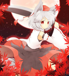 Rule 34 | 1girl, animal ears, autumn leaves, bad id, bad pixiv id, bare shoulders, blush, detached sleeves, ellipsis (mitei), full moon, hat, highres, inubashiri momiji, leaf, looking at viewer, moon, open mouth, pom pom (clothes), red eyes, red moon, shirt, short hair, silver hair, skirt, solo, sword, tail, tokin hat, touhou, weapon, wolf ears, wolf tail