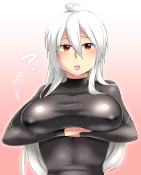 Rule 34 | 1girl, ?, ahoge, blush, breast lift, breasts, brown eyes, caffein, covered navel, female focus, gradient background, highres, large breasts, long hair, looking at viewer, open mouth, pink background, red eyes, ribbed sweater, solo, sweater, translation request, turtleneck, upper body, very long hair, vocaloid, white hair, yowane haku