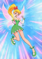 Rule 34 | 1girl, bare shoulders, blonde hair, blue eyes, breasts, commentary, dress, earrings, elbow gloves, english commentary, fairy wings, full body, gloves, green dress, high ponytail, highres, jewelry, magical girl, mrmiguelart, open mouth, parody, peter pan (disney), precure, short dress, small breasts, smile, solo, strapless, strapless dress, style parody, tinker bell (disney), wand, white gloves, wings