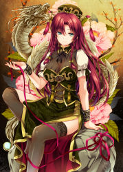 Rule 34 | 1girl, bell, black thighhighs, braid, breasts, chinese clothes, dragon, earrings, embellished costume, floral print, flower, green eyes, hair bell, hair ornament, hat, highres, hong meiling, jewelry, jingle bell, large breasts, long hair, looking at viewer, monety, no shoes, red hair, red ribbon, ribbon, ribbon-trimmed sleeves, ribbon trim, see-through, short sleeves, side slit, sitting, smile, solo, thighhighs, touhou, twin braids