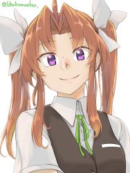 Rule 34 | 1girl, ahoge, brown hair, commentary request, grey vest, hair ribbon, highres, kagerou (kancolle), kagerou kai ni (kancolle), kantai collection, looking at viewer, purple eyes, ribbon, roppako, school uniform, shirt, short sleeves, simple background, smile, solo, twintails, twitter username, upper body, vest, white background, white ribbon, white shirt