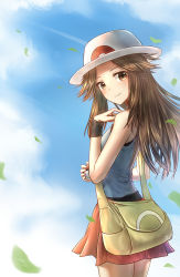 Rule 34 | 1girl, blue shirt, brown eyes, brown hair, chenjiyan y, closed mouth, cowboy shot, creatures (company), floating hair, game freak, hat, highres, holding, holding poke ball, leaf (pokemon), long hair, looking at viewer, miniskirt, nintendo, pleated skirt, poke ball, pokemon, pokemon frlg, red skirt, shirt, skirt, sleeveless, sleeveless shirt, smile, solo, standing, white hat, wristband