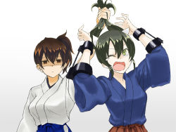 Rule 34 | 10s, 2girls, black hair, brown hair, commentary request, empty eyes, grabbing another&#039;s hair, gradient background, green eyes, hair ribbon, japanese clothes, kaga (kancolle), kantai collection, long hair, multiple girls, muneate, one eye closed, open mouth, pulling, remodel (kantai collection), ribbon, shaded face, shirubaburu, tears, twintails, wavy mouth, zuikaku (kancolle)