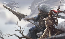 Rule 34 | 2boys, armor, bare tree, beak, black robe, blurry, blurry background, bracelet, breastplate, brown scarf, chinese commentary, closed eyes, cloud, crown, dark souls (series), dark souls i, dark souls iii, dragon, dragon horns, dragon slayer ornstein, facing away, faulds, feet out of frame, flying, gauntlets, gold armor, greaves, hand up, helmet, holding, holding polearm, holding spear, holding weapon, horns, jewelry, knight, long hair, male focus, mephisto 24, multiple boys, nameless king, open mouth, outdoors, pauldrons, plume, polearm, profile, robe, scale armor, scarf, short sleeves, shoulder armor, sitting, sparkle, spear, tree, weapon, western dragon, white hair, wide sleeves