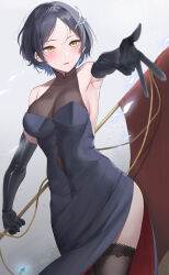 Rule 34 | 1girl, bare shoulders, black dress, black gloves, black hair, black thighhighs, blush, breasts, cleavage, commentary request, dress, gloves, hair ornament, hayami kanade, highres, holding, idolmaster, idolmaster cinderella girls, idolmaster cinderella girls starlight stage, large breasts, parted lips, pointy ears, see-through, see-through cleavage, short hair, shougun (chuckni1), smile, solo, thighhighs, yellow eyes