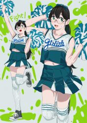 Rule 34 | 1girl, alternate costume, arm up, black footwear, black hair, blue shirt, blue skirt, cheering, cheerleader, clothes writing, collarbone, glasses, green eyes, highres, holding, holding pom poms, kantai collection, long hair, looking at viewer, navel, ojipon, ooyodo (kancolle), open mouth, pleated skirt, pom pom (cheerleading), pom poms, semi-rimless eyewear, shirt, shoes, skirt, sleeveless, sleeveless shirt, smile, sneakers, sweat, thighhighs, under-rim eyewear, white over-kneehighs, white thighhighs