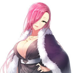 Rule 34 | 1girl, bad id, bad pixiv id, breasts, character request, cleavage, copyright request, green eyes, hair over one eye, jewelry, large breasts, long hair, looking at viewer, necklace, parted lips, pink hair, smile, solo, tempy (rinsia)