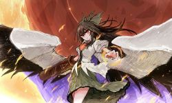 Rule 34 | 1girl, arm cannon, bad id, bad pixiv id, bird, bird wings, black hair, black wings, bow, cape, capelet, crow, fire, from below, hair bow, highres, long hair, looking down, puffy short sleeves, puffy sleeves, red eyes, reiuji utsuho, serious, short sleeves, solo, touhou, tsurime, tsuzuku (hayamisyoto), weapon, wings