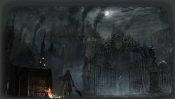 Rule 34 | bloodborne, building, from software, gate, gun, hunter (bloodborne), lamppost, moon, saw, saw cleaver, smoke, solo, weapon