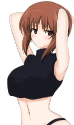 Rule 34 | 1girl, absurdres, aikir (jml5160), armpits, arms behind head, arms up, black panties, black shirt, blush, brown eyes, brown hair, closed mouth, commentary, crop top, frown, girls und panzer, highres, looking at viewer, navel, nishizumi miho, no pants, one-hour drawing challenge, panties, shirt, short hair, simple background, sleeveless, sleeveless shirt, solo, standing, underwear, upper body, white background