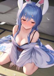 Rule 34 | 1girl, alternate breast size, animal ear fluff, animal ears, averting eyes, bare shoulders, black bra, blue hair, blush, bra, braid, breasts, cleavage, closed mouth, extra ears, highres, hololive, indoors, japanese clothes, kimono, large breasts, long hair, multicolored hair, obi, off shoulder, rabbit ears, rabbit girl, red eyes, sash, sitting, solo, streaked hair, tataki worker, thick eyebrows, twin braids, underwear, usada pekora, v arms, very long hair, virtual youtuber, wariza, white hair, white kimono