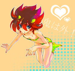 1boy :o akira-riku animal_print blue_eyes bra casshern casshern_(series) casshern_sins commentary_request cone_horns cosplay fingernails full_body hair_between_eyes heart horns jumping long_bangs looking_at_viewer lum lum_(cosplay) male_focus open_mouth orange_background panties red_hair small_horns socks solo tiger_print underwear urusei_yatsura yellow_bra yellow_horns yellow_panties yellow_socks