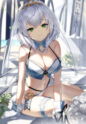 Rule 34 | 1girl, absurdres, bare arms, bare shoulders, bikini, braid, breasts, cleavage, commentary request, flower, gloves, green eyes, grin, highres, hololive, large breasts, looking at viewer, navel, parted lips, rose, scottie (phantom2), shirogane noel, short hair, silver hair, sitting, smile, solo, stomach, swimsuit, thigh strap, thighs, tiara, veil, virtual youtuber, white flower, white gloves, white rose