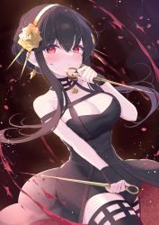 Rule 34 | 1girl, black background, black dress, black gloves, black hair, black thighhighs, blood, blush, breasts, cleavage, commentary, cowboy shot, dagger, dress, earrings, fingerless gloves, flower, gloves, gold earrings, gold hairband, gradient background, hairband, highres, holding, holding dagger, holding knife, holding weapon, jewelry, knife, large breasts, long hair, looking at viewer, mikaze oto, necklace, red background, red eyes, rose, sleeveless, sleeveless dress, solo, spy x family, thighhighs, twintails, weapon, yellow flower, yellow rose, yor briar