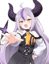 Rule 34 | 1girl, absurdres, ahoge, angry, ascot, black dress, blush, commentary, demon girl, demon horns, detached sleeves, dress, felutiahime, grey hair, highres, hololive, horns, la+ darknesss, la+ darknesss (1st costume), long hair, looking at viewer, multicolored hair, o-ring, open mouth, outstretched hand, pointy ears, purple hair, simple background, slit pupils, solo, streaked hair, striped horns, upper body, virtual youtuber, white background, white sleeves, yellow ascot, yellow eyes