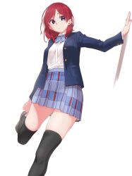 Rule 34 | 1girl, adjusting footwear, arm support, black thighhighs, blue bow, blue bowtie, blue jacket, blue skirt, bow, bowtie, brown footwear, collared shirt, commentary request, highres, jacket, long sleeves, looking at viewer, love live!, love live! school idol project, medium hair, nishikino maki, open clothes, open jacket, parted lips, plaid, plaid skirt, pleated skirt, purple eyes, red hair, s sho mkrn, shirt, skirt, solo, standing, standing on one leg, thighhighs, upper body, white background, white shirt, winter uniform