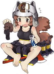 Rule 34 | 1girl, arknights, axe, barefoot, bike shorts, boots, unworn boots, bottle, brown eyes, brown hair, chinese commentary, commentary request, feet, fire axe, helmet, holding, licking, menthako, midriff, navel, shaw (arknights), sitting, unworn socks, soles, sports bra, squirrel, squirrel tail, sweat, tail, water bottle, white background